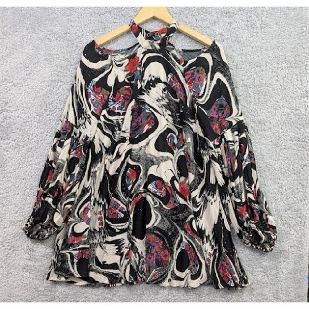 Free People Drift Away Dress Women's Small Black Floral Cold Shoulder Mini Boho‎